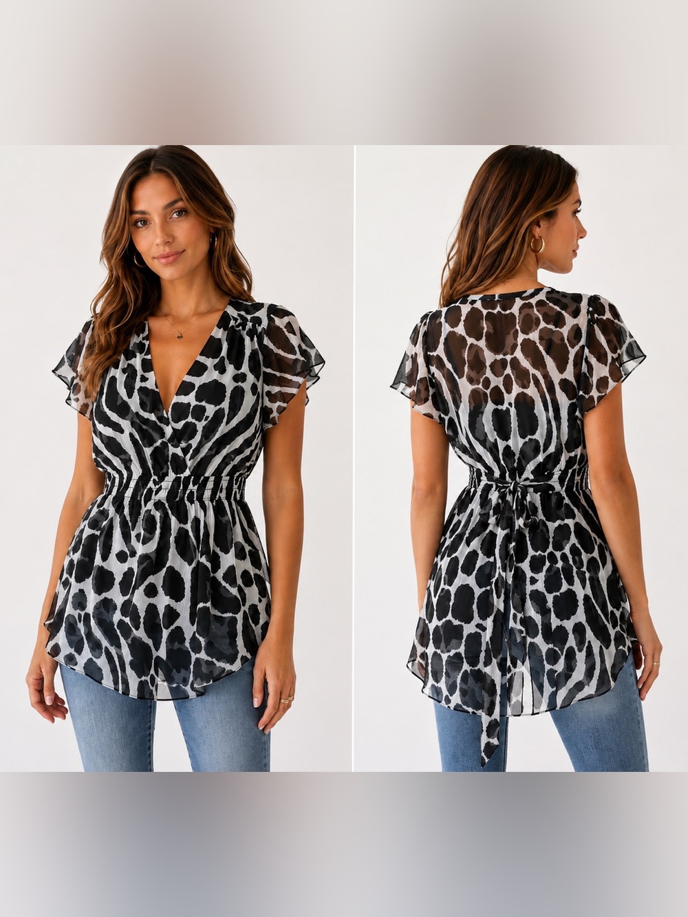 Guilty Black Grey Animal Print Sheer Wrap Blouse Tie Waist Y2K